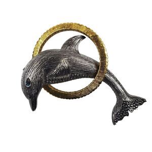 Vintage Liz Claiborne Dolphin Jumping Hoop Gold‎ Silver Tone Blue Rhinestone Eye